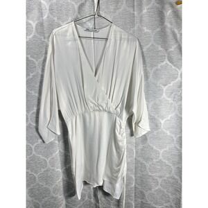 ZARA White Satin Kimono Sleeve Faux Wrap Ruched Side Dress Size M